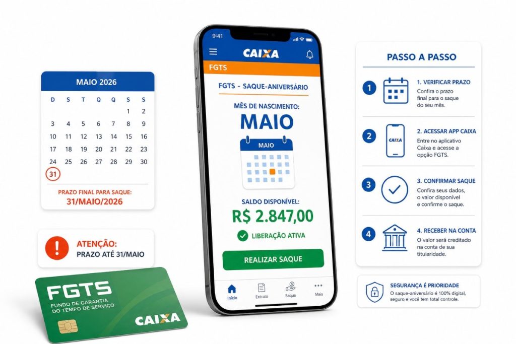 Saque-aniversário FGTS maio: prazo, passo a passo e alertas