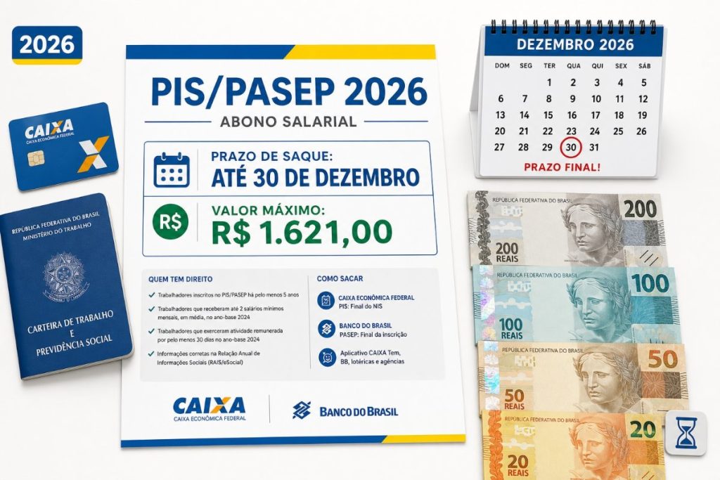 PIS Pasep 2026: saque até 30 de dezembro e valor de até R$ 1.621