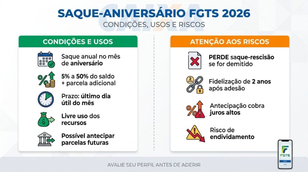 Saque aniversario FGTS 2026: condições, usos e riscos