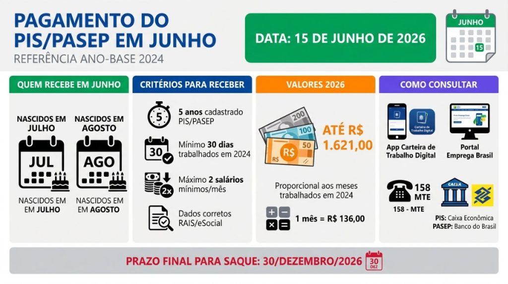 Pagamento do PIS Pasep em junho: critérios, valores e consultas