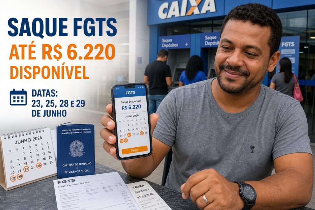Saque calamidade FGTS: R$ 6.220 pela Caixa com prazos em 23, 25, 28 e 29 de junho